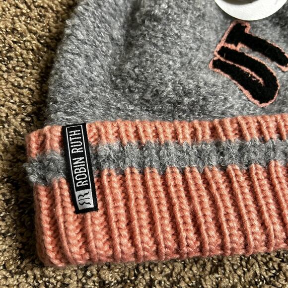 Robin Ruth Pom Pom Beanie - Utah - Winter Knit Cap Hat - Pink Salmon Gray NWT - Picture 2 of 9